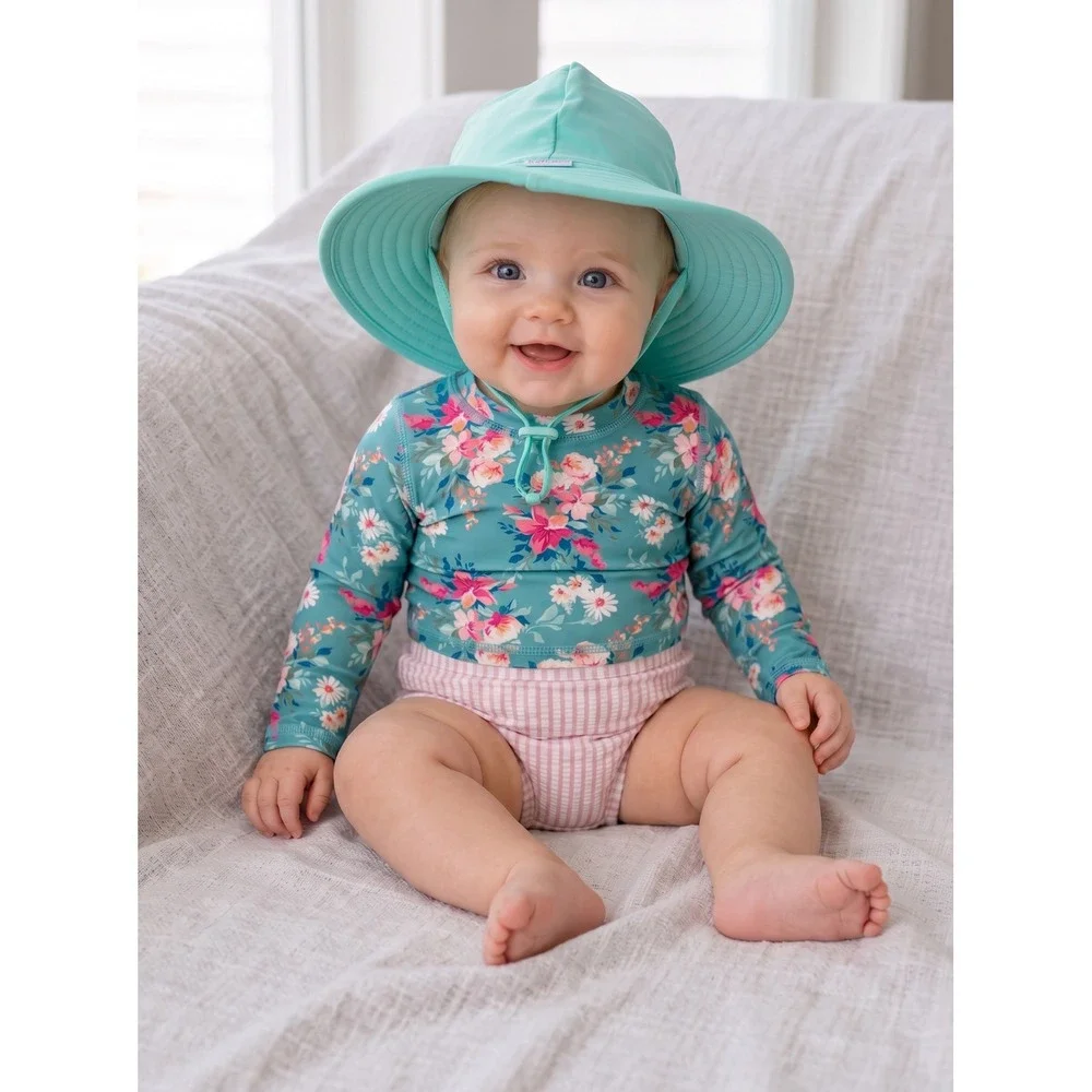 RuffleButts Floral Rash Guard Seersucker Ruffle Swimwear Set 2T
